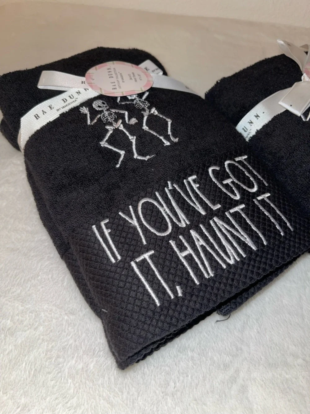 TWO SETS of 2 - Rae Dunn Black Halloween Skeleton Hand Towels - NWT